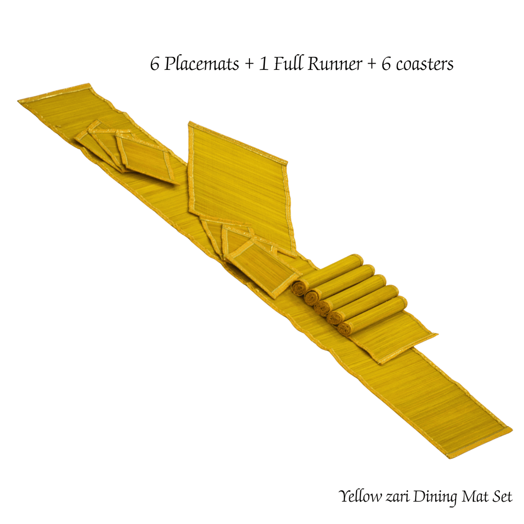 Silpakarman Zari Bamboo Table Runner with Placematss | Sun Yellow with Canary Zari Weave