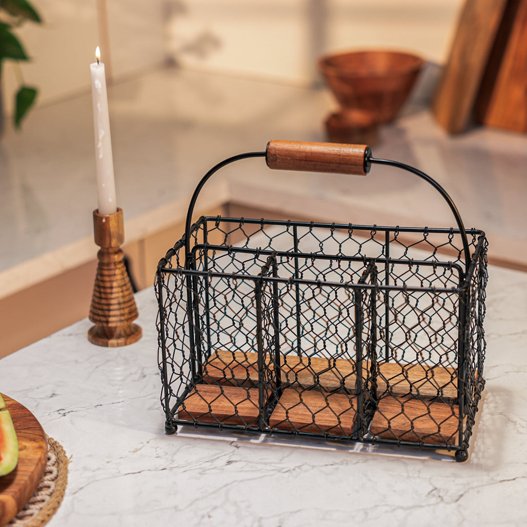 Ireka Homes Arcade Utensils Holder – Handcrafted Iron & Acacia Wood Organizer – Durable Storage Caddy for Bottles, Cutlery, Napkins & Kitchen Essentials