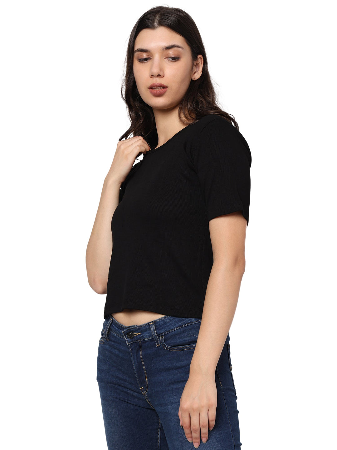 Elegant Bamboo Rib fabric Half Sleeves Top For Women | Black