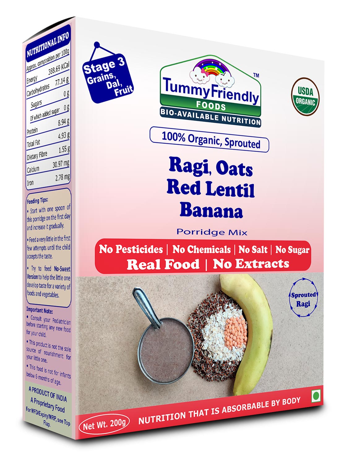 Organic Sprouted Porridge Mix | Ragi, Oats, Red Lentils, Banana | No Additives | 200g each (Pack of 2)