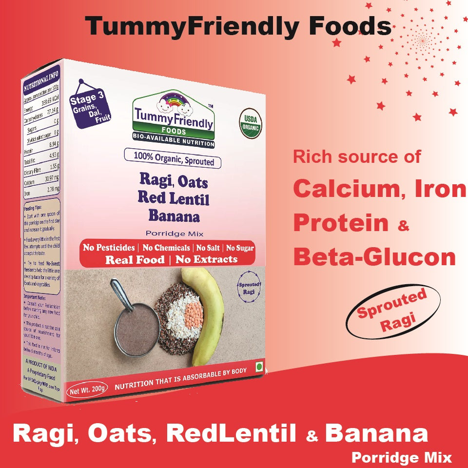 Organic Sprouted Porridge Mix | Ragi, Oats, Red Lentils, Banana | No Additives | 200g each (Pack of 2)