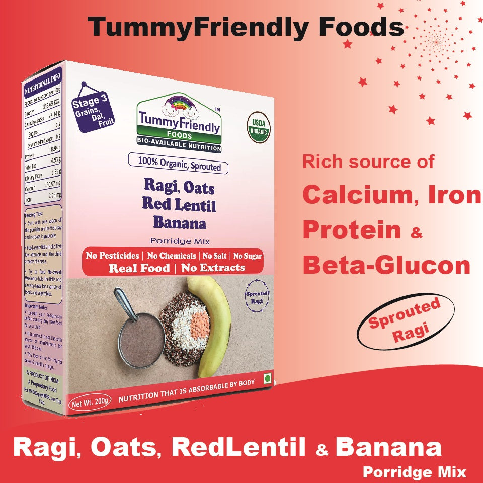 TummyFriendly Foods Organic Sprouted Porridge Mix | Ragi, Oats, Red Lentils, Banana | No Additives