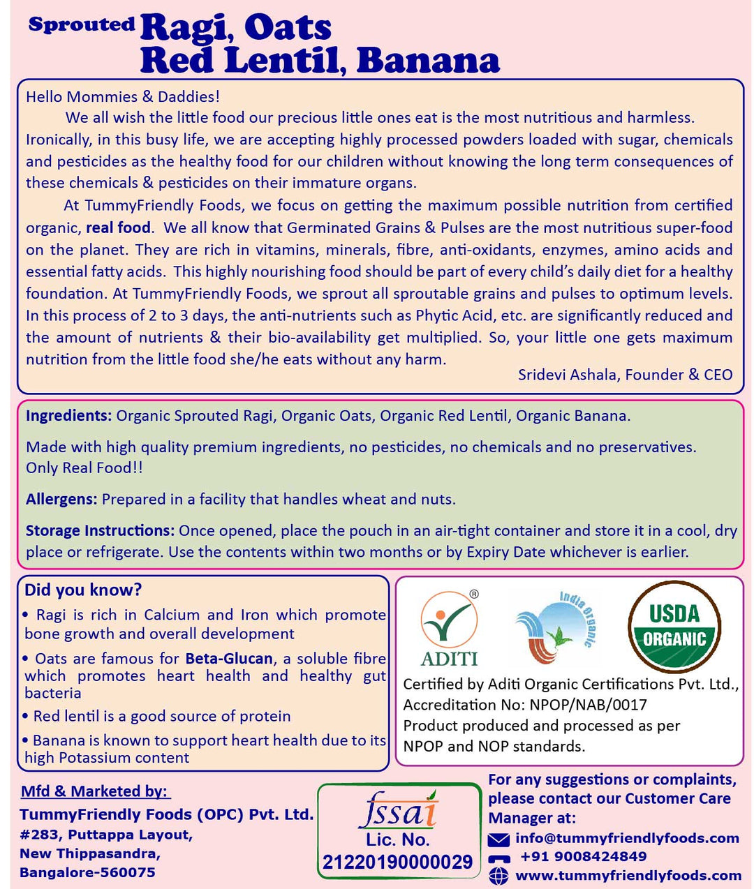 TummyFriendly Foods Organic Sprouted Porridge Mix | Ragi, Oats, Red Lentils, Banana | No Additives