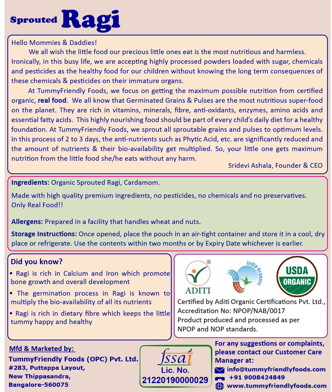 TummyFriendly Foods Organic Sprouted Ragi Porridge Mix | No Chemicals | 6 months and up