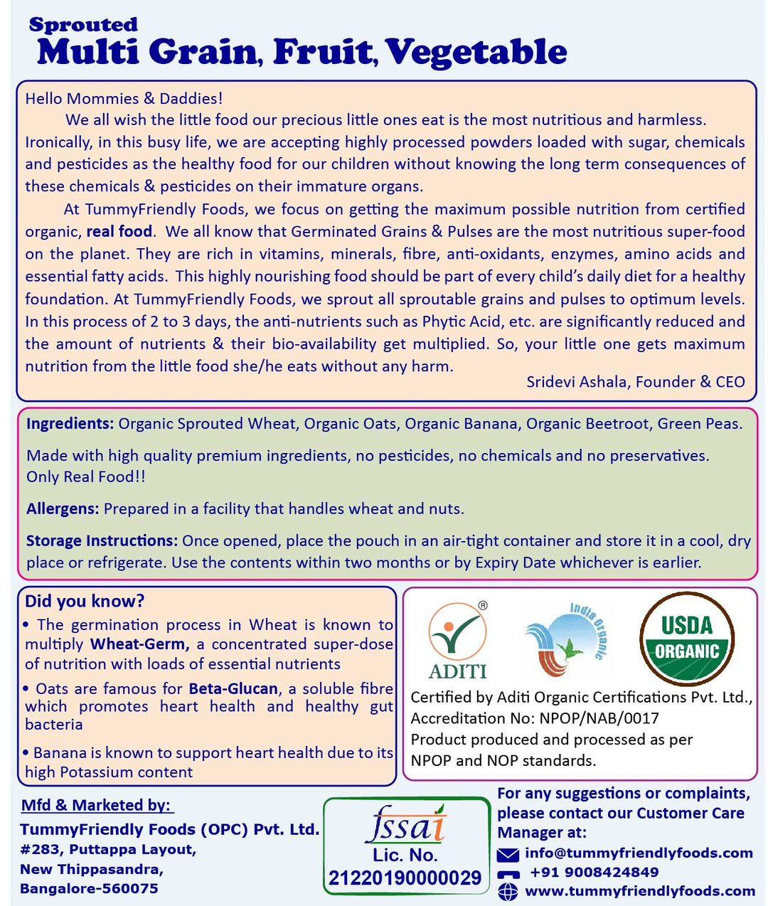 TummyFriendly Foods Organic Sprouted Porridge Mix | Multigrain, Fruits, Vegetables | No Additives