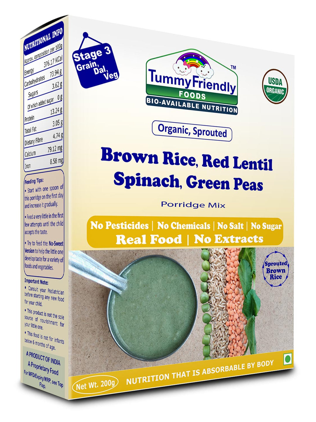 TummyFriendly Foods Organic Sprouted Porridge Mix | Brown Rice, Red Lentil, Spinach, Green Peas | No Additives | 200g