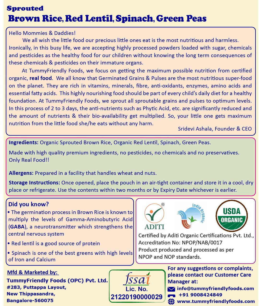 TummyFriendly Foods Organic Sprouted Porridge Mix | Brown Rice, Red Lentil, Spinach, Green Peas | No Additives | 200g