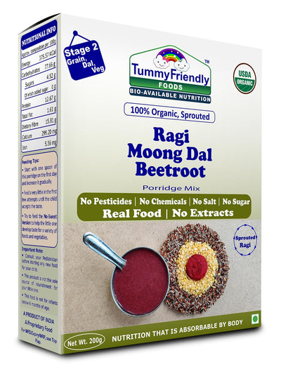 TummyFriendly Foods Organic Sprouted Porridge Mix | Ragi, Moong Dal, Beetroot | No Additives | 200g