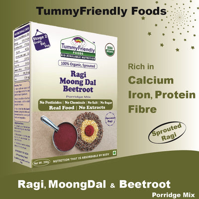 TummyFriendly Foods Organic Sprouted Porridge Mix | Ragi, Moong Dal, Beetroot | No Additives | 200g