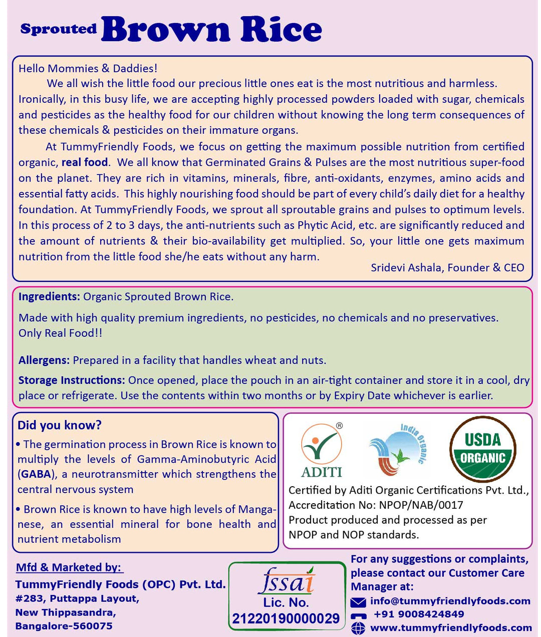 TummyFriendly Foods Organic Sprouted Brown Rice Porridge Mix | No Chemicals | 200g