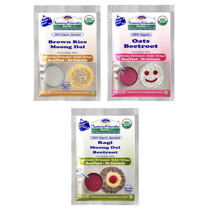 TummyFriendly Foods Organic Sprouted Porridge Mixes | Multigrain, Multimillet, Vegetables | 50g each (Trial Pack of 3)