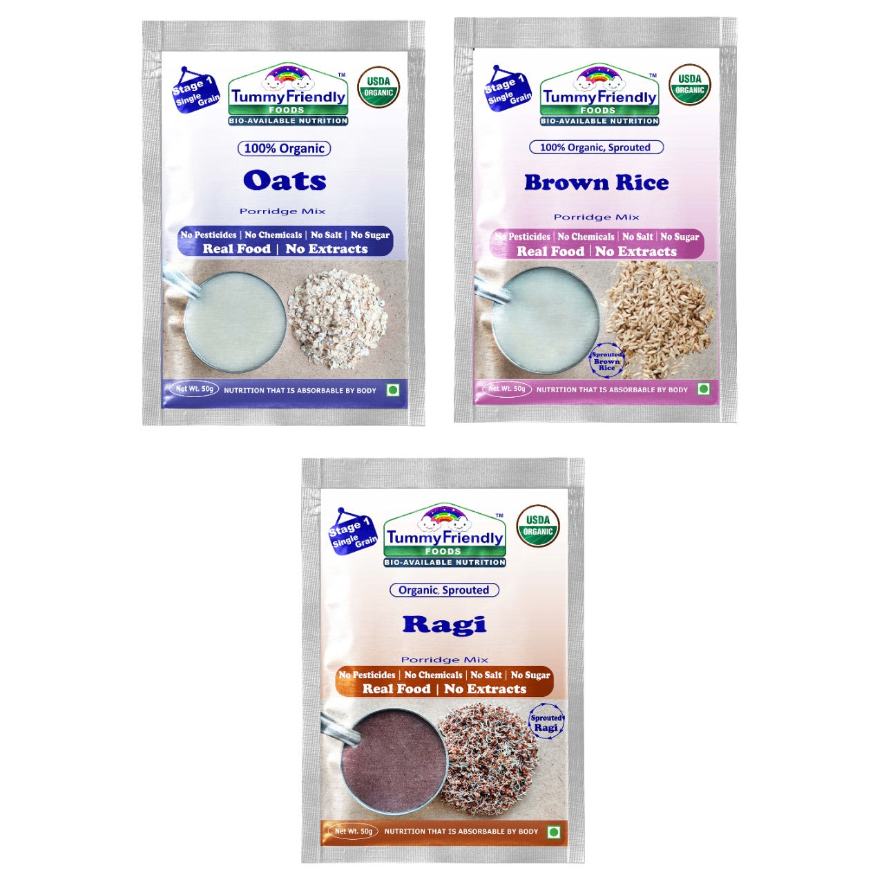 Organic Sprouted Porridge Mixes | Ragi, Oats, Brown Rice | 50g each (Trial Pack of 3)