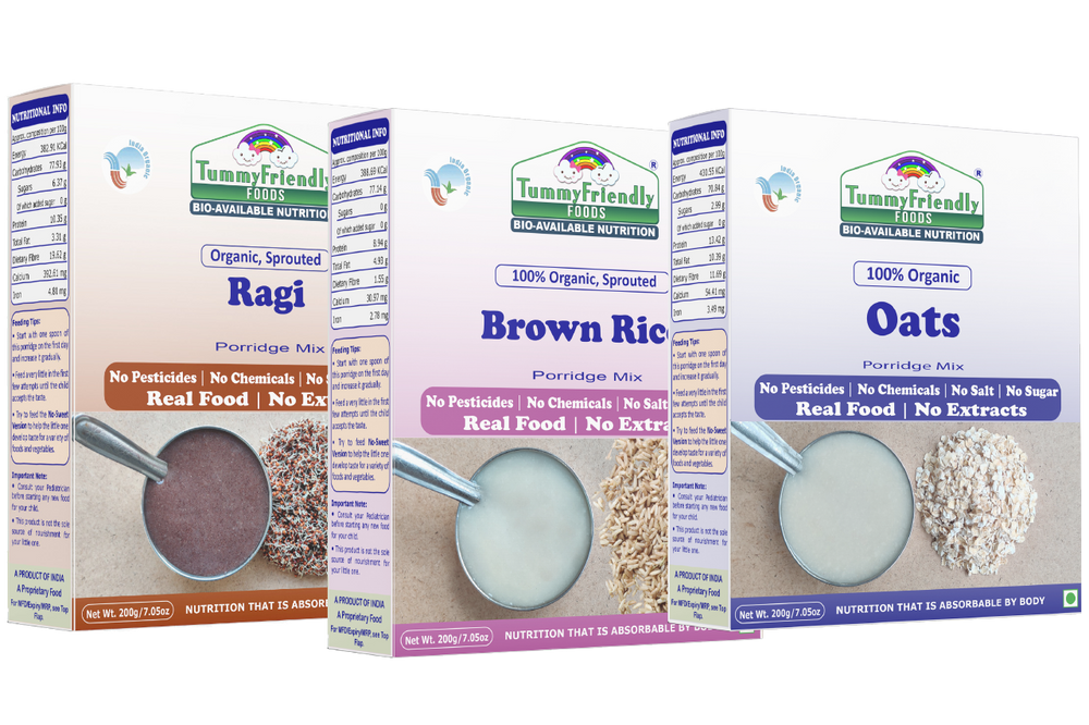 TummyFriendly Foods Organic Sprouted Porridge Mixes Combo | Ragi, Brown Rice, Oats | No Additives | 200g each (Pack of 3)