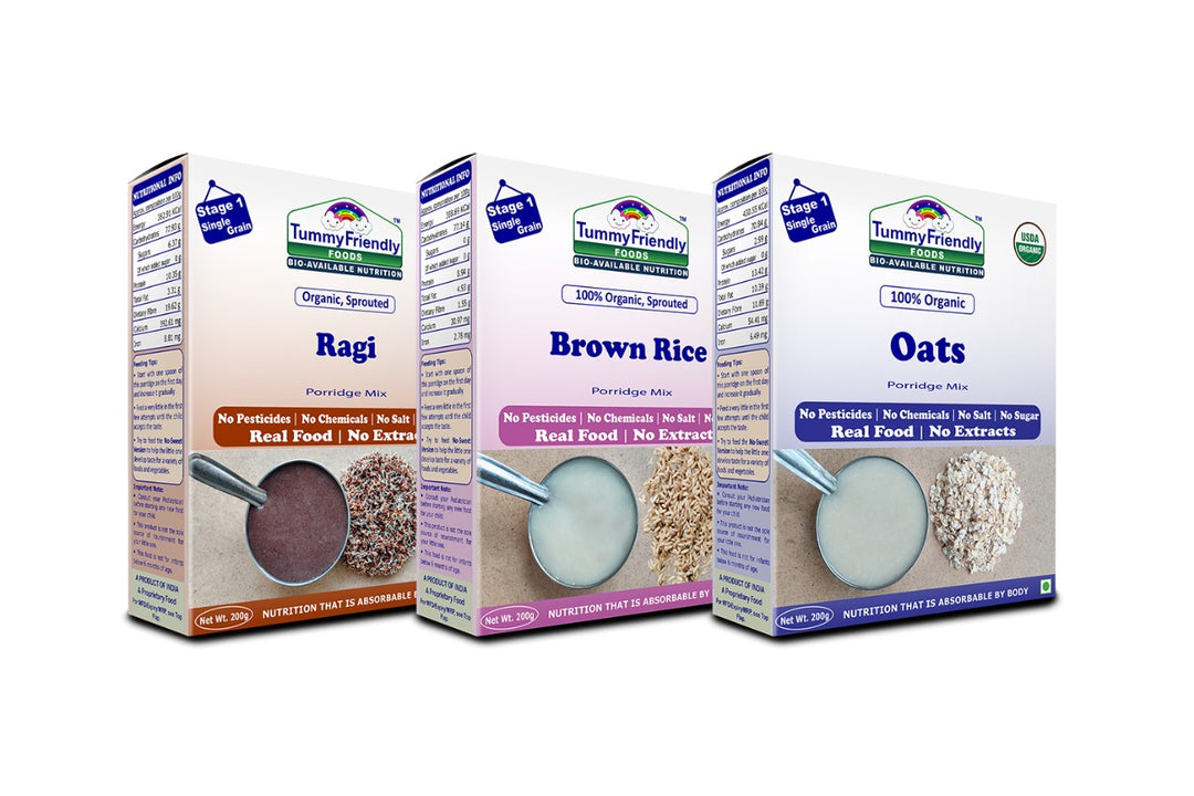 TummyFriendly Foods Organic Sprouted Porridge Mixes Combo | Ragi, Brown Rice, Oats | No Additives | 200g each (Pack of 3)