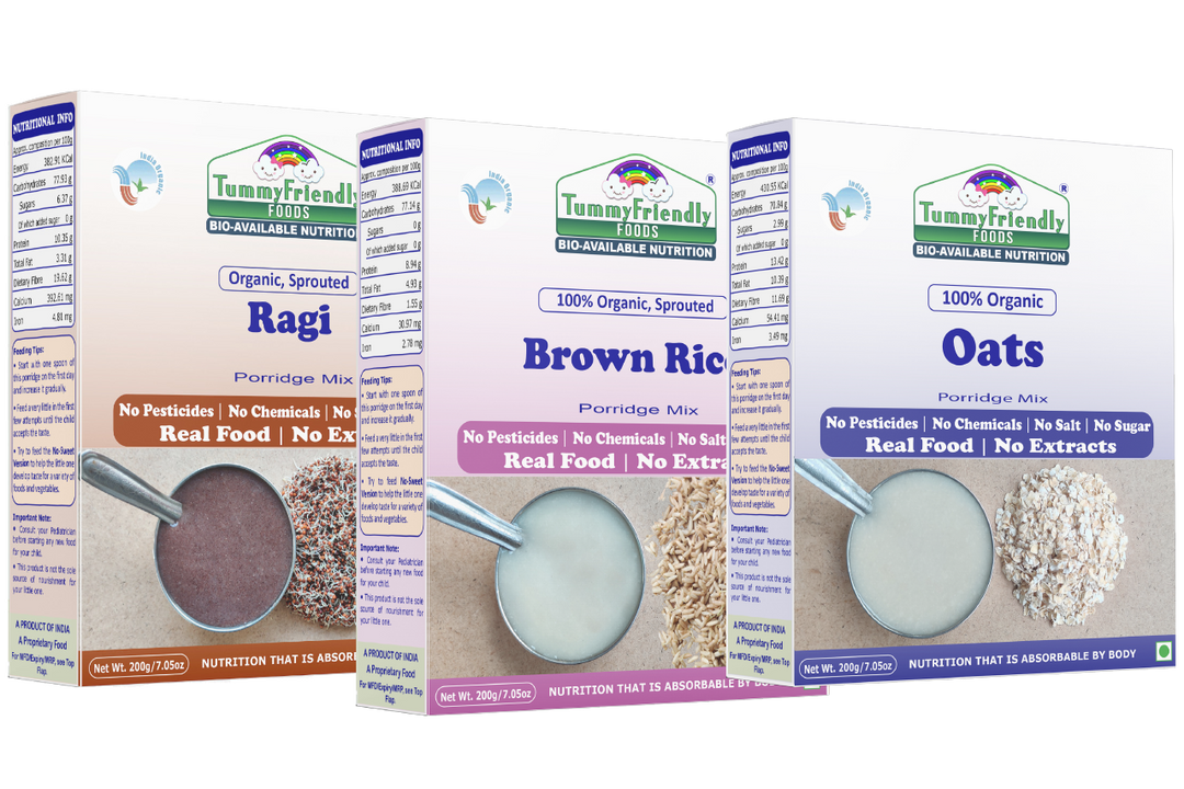 TummyFriendly Foods Organic Sprouted Porridge Mixes Combo | Ragi, Brown Rice, Oats | No Additives | 200g each (Pack of 3)