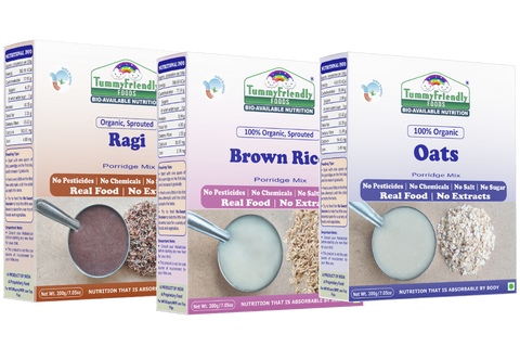 TummyFriendly Foods Organic Sprouted Porridge Mixes Combo | Ragi, Brown Rice, Oats | No Additives | 200g each (Pack of 3)