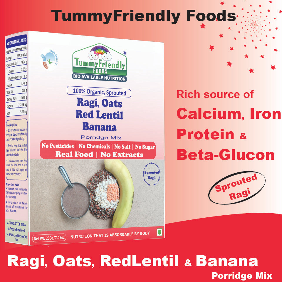 Organic Sprouted Porridge Mix | Ragi, Oats, Red Lentils, Banana | No Additives | 200g each (Pack of 2)