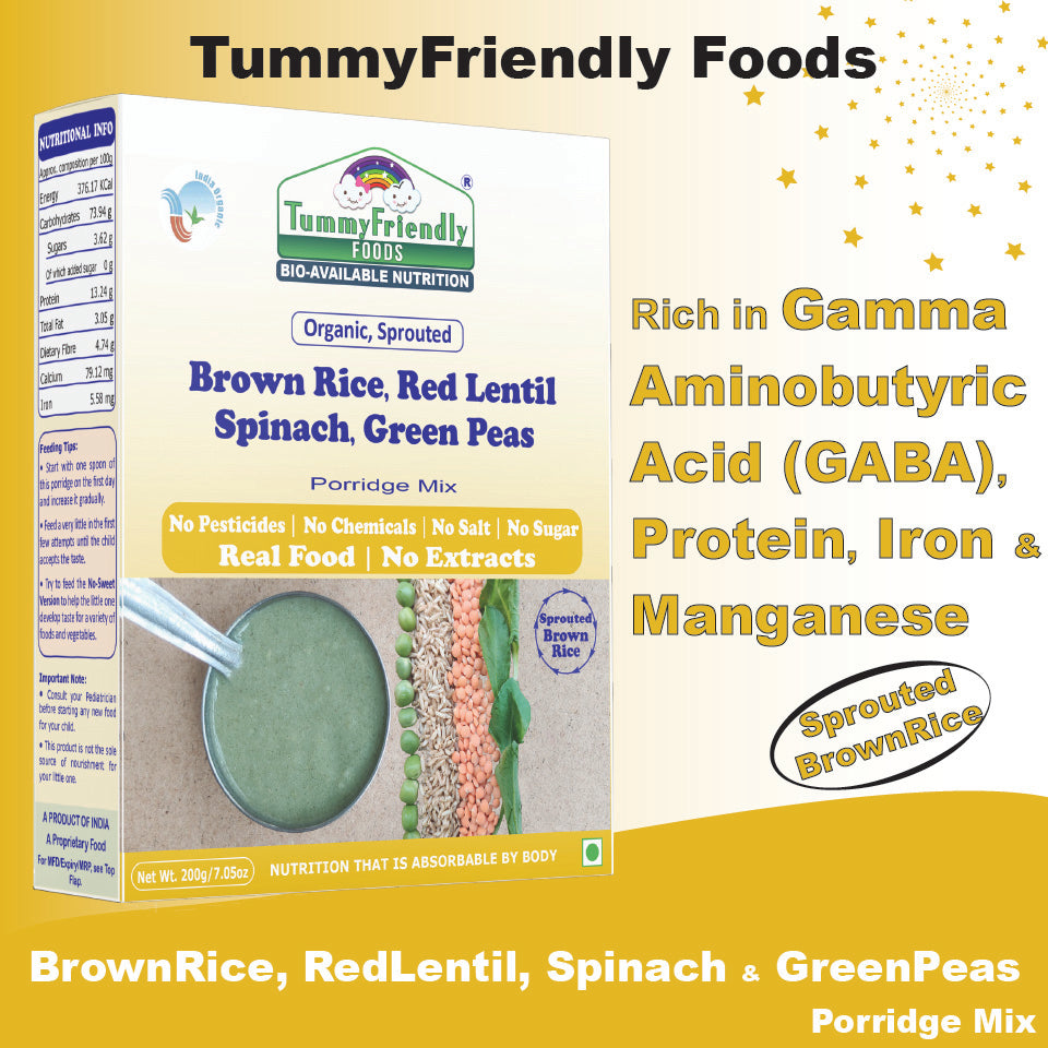 TummyFriendly Foods Organic Sprouted Porridge Mix | Brown Rice, Red Lentil, Spinach, Green Peas | No Additives | 200g