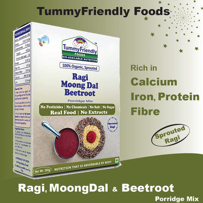 TummyFriendly Foods Organic Sprouted Porridge Mix | Ragi, Moong Dal, Beetroot | No Additives | 200g