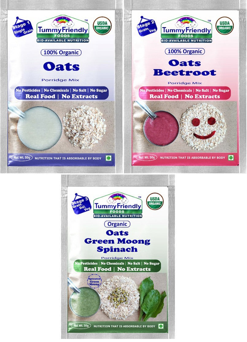 TummyFriendly Foods Organic Oats Porridge Mixes | Multigrain, Multimillet, Vegetables | 50g each (Trial Pack of 3)