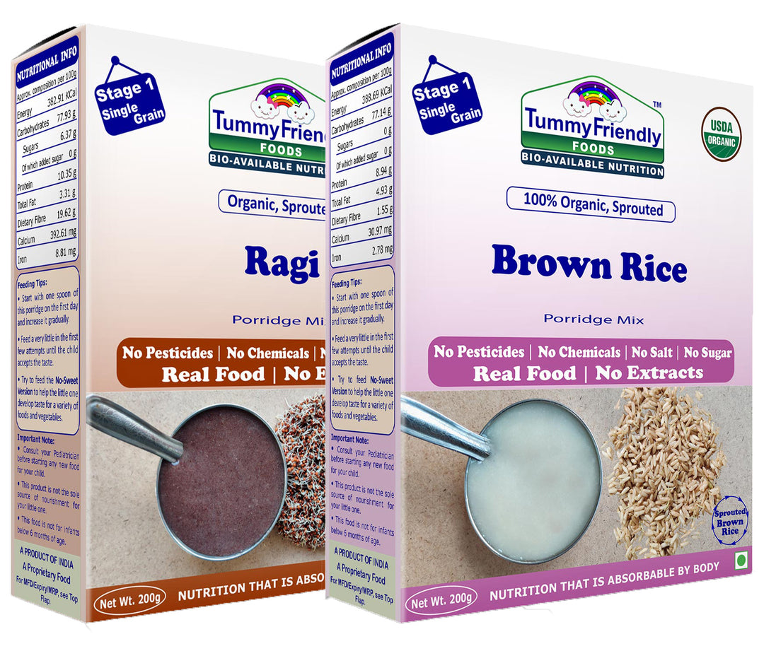 TummyFriendly Foods Organic Sprouted Porridge Mixes Combo | Ragi, Brown Rice, Oats | No Additives | 200g each (Pack of 3)