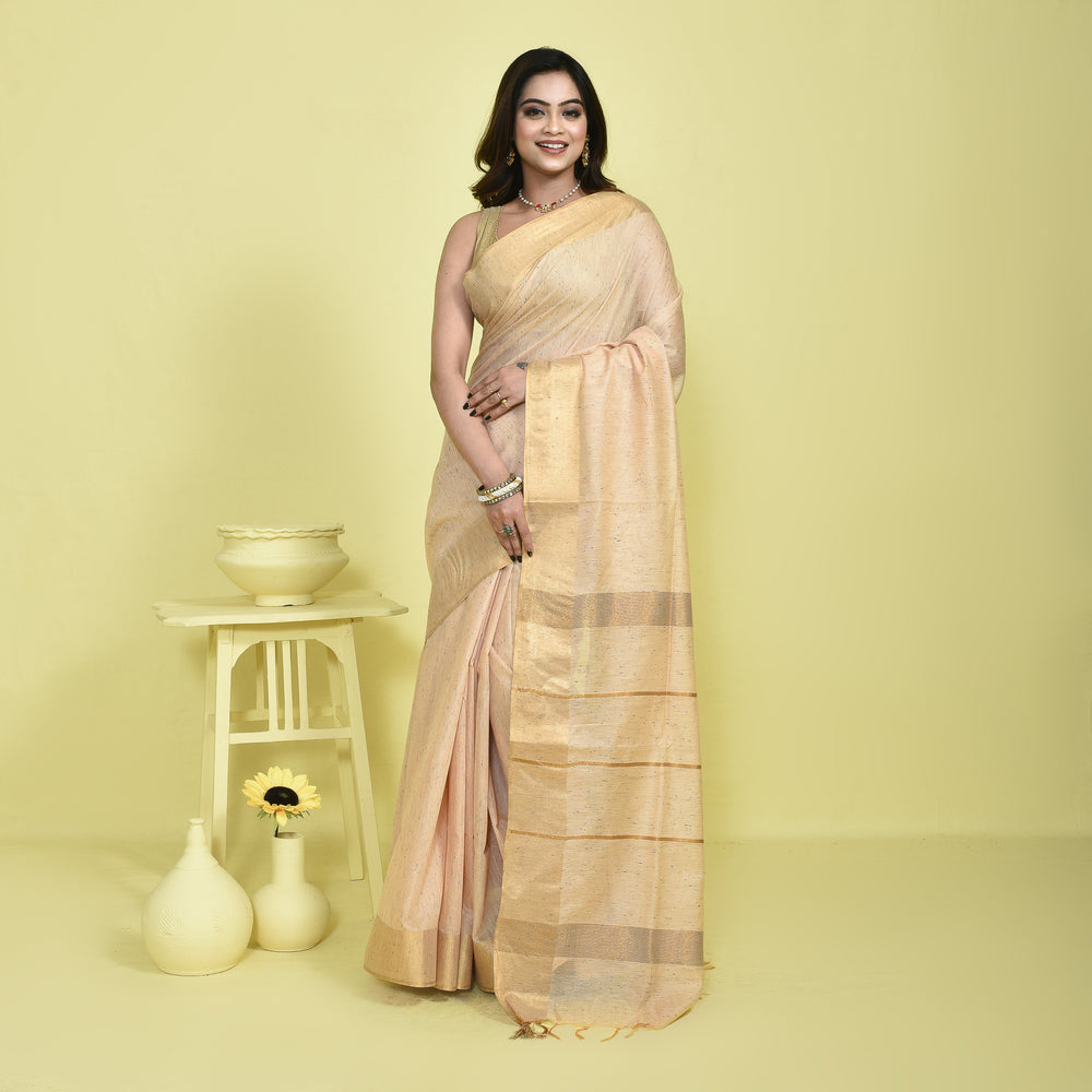 Beige Bamboo Fibre Saree with Zari Border