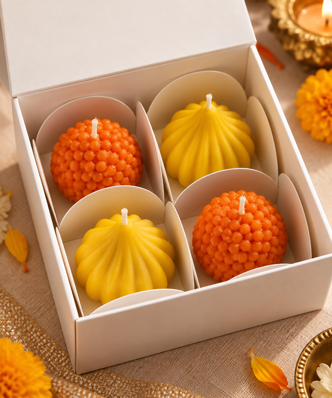 The Indian Sweet Box Candle – Set of 4 | Handmade Soy Wax Scented Diwali Candles