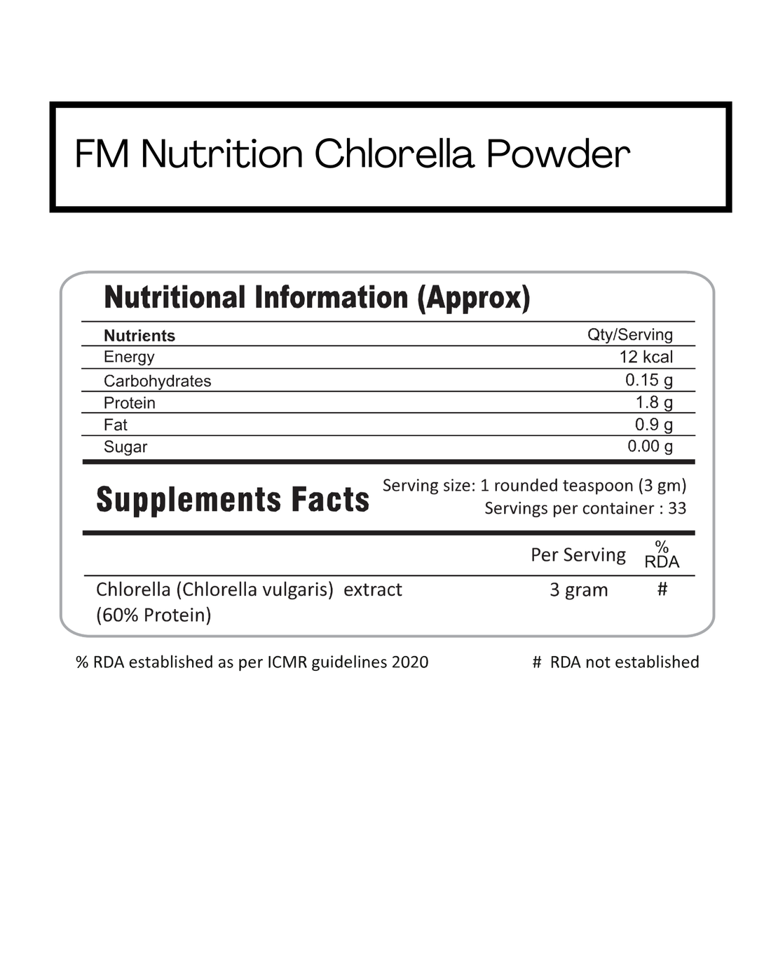 FM Nutrition Chlorella I Natural Binder I Plant protein I Heavy Metal Detox I Rich in Omega 3 I Mitochondrial Health Booster I Vegan I Non-GMO I 100gm powder 