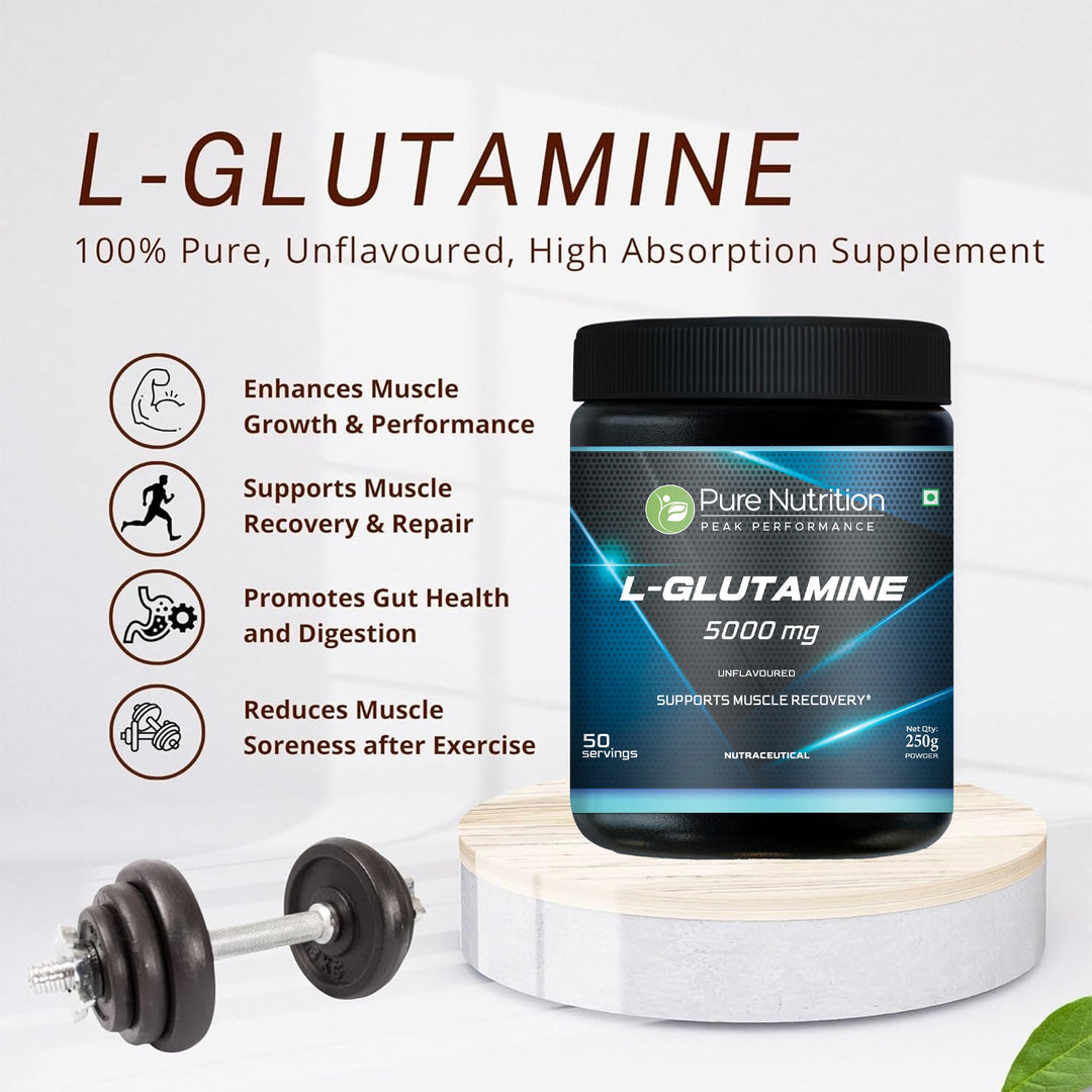L-Glutamine Powder 5000 mg | Unflavoured | 100% L-Glutamine | 250 g | 50 Servings | Post Workout Recovery Supplement
