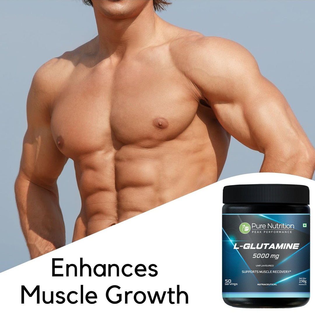 L-Glutamine Powder 5000 mg | Unflavoured | 100% L-Glutamine | 250 g | 50 Servings | Post Workout Recovery Supplement
