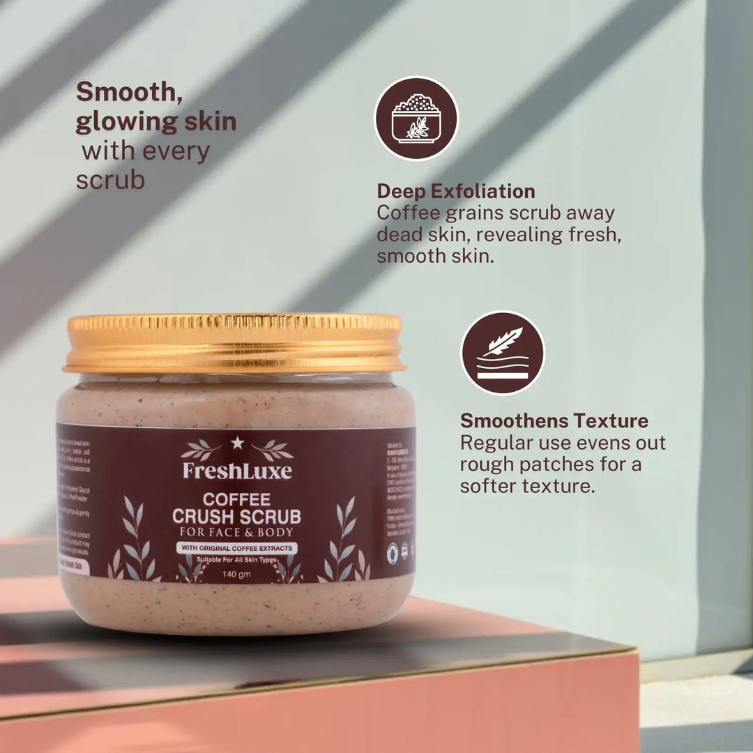 FreshLuxe Coffee Crush Body & Face Scrub | Exfoliation & De-Tan | Enriched with Walnut Powder | Unisex