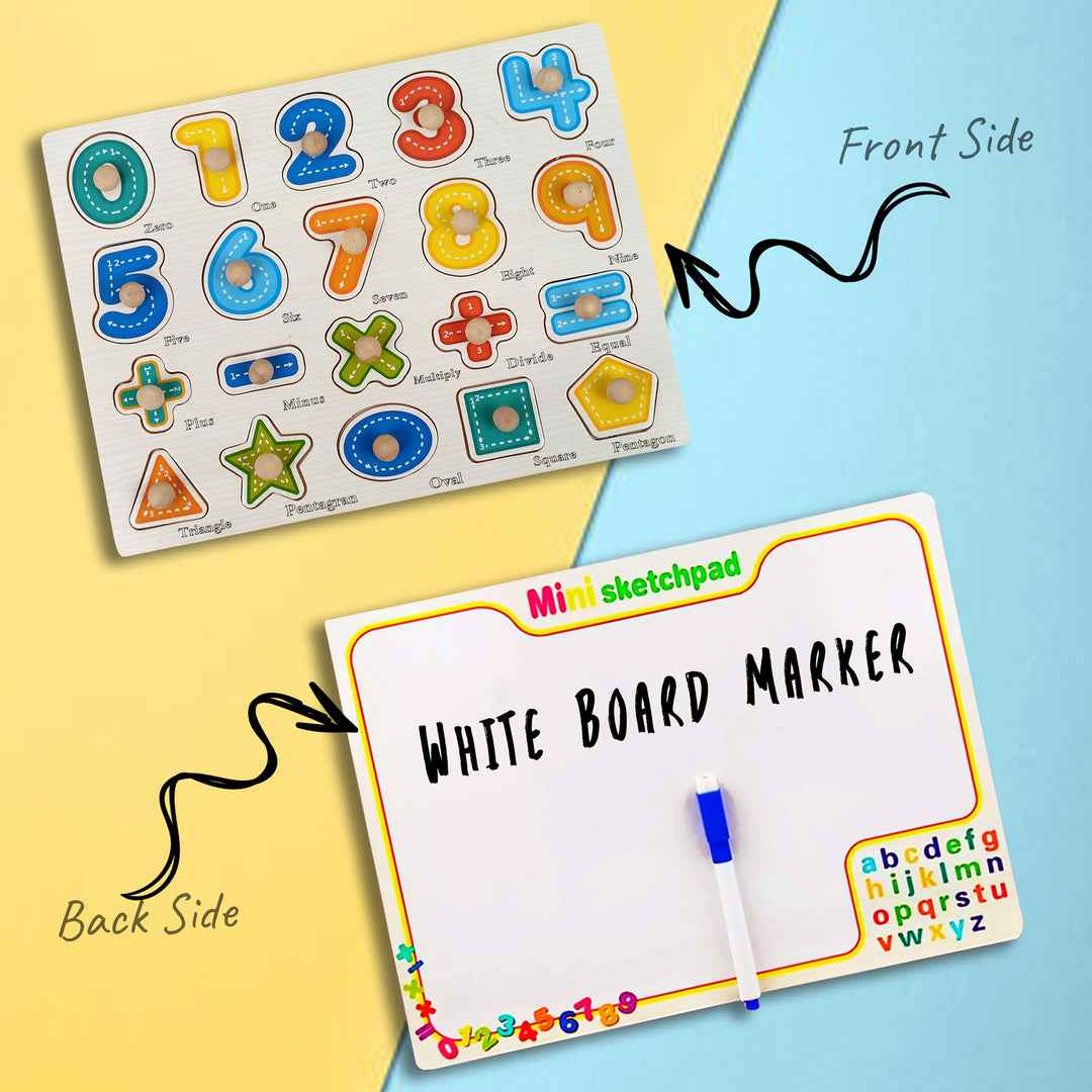 Wudly Toys Wooden Knob & Marker Puzzle Board | Alphabet, Numbers, Animals & Fruits