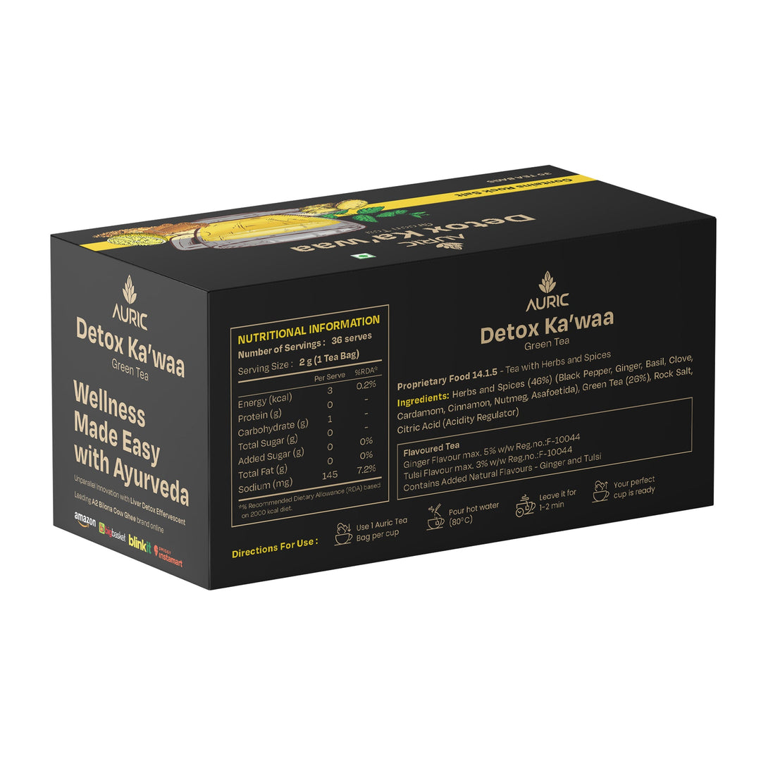 Auric Desi Kahwa Green Tea | 8 Real Ayurvedic Herbs & Rock Salt | 100% Natural, Non-GMO | Immunity Booster | Improves Digestion | Individually Wrapped 36 Tea Bags