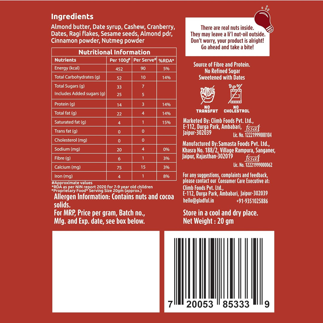 Gladful Date nut squares - almond and cranberry -  pack of 1