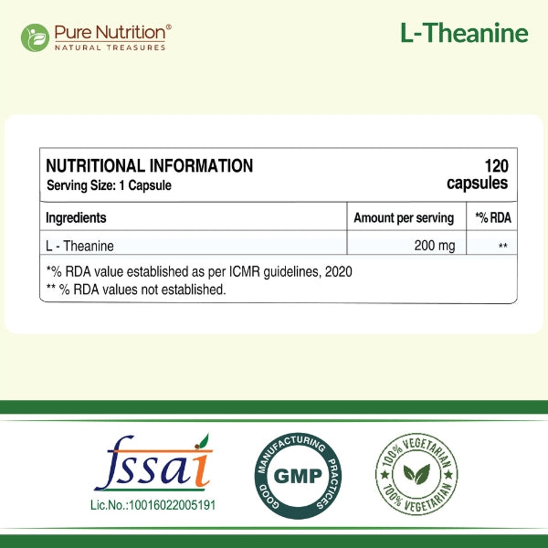 L-Theanine 200mg | Supports Calmness, Focus & Cognitive Function | 120 Veg Tablets