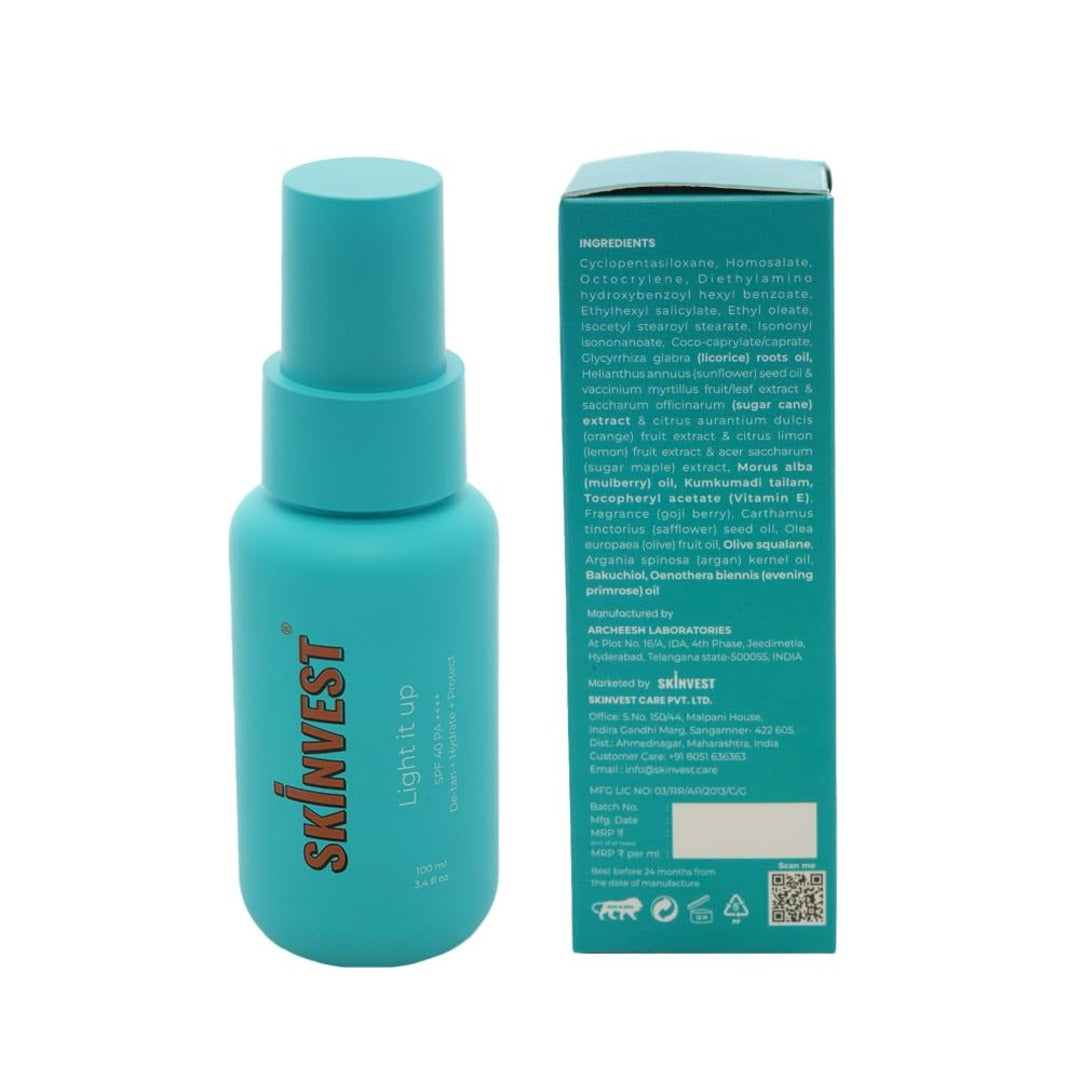 Skinvest Clear Win 100ml Face Gel Cleanser, Clarifies, Brightens & Hydrates Skin, Removes Dirt & Makeup, 100ml Light it up SPF 40 PA ++++ Body Mist Spray De-tan, Hydrate, Protect & Brightens Skin Tone