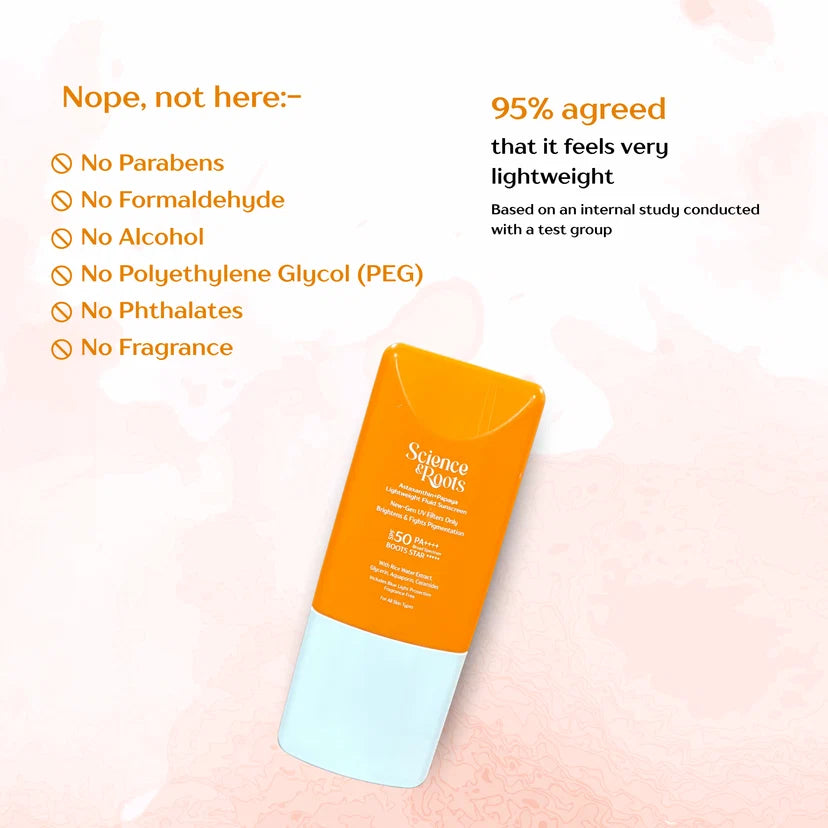 Science & Roots Astaxanthin+Papaya Lightweight Fluid Sunscreen | In-Vivo Tested for SPF 50+ | Lightweight Fluid | Non-greasy | Suitable for sensitive skin | All skin types