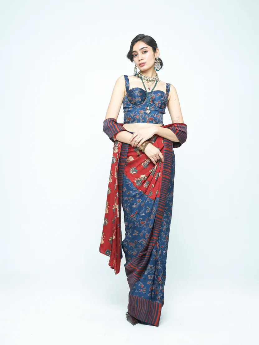 Anushé Pirani Eden Saree | Ajrakh Print Modal | Indigo & Terracotta, Pre-Stitched Option