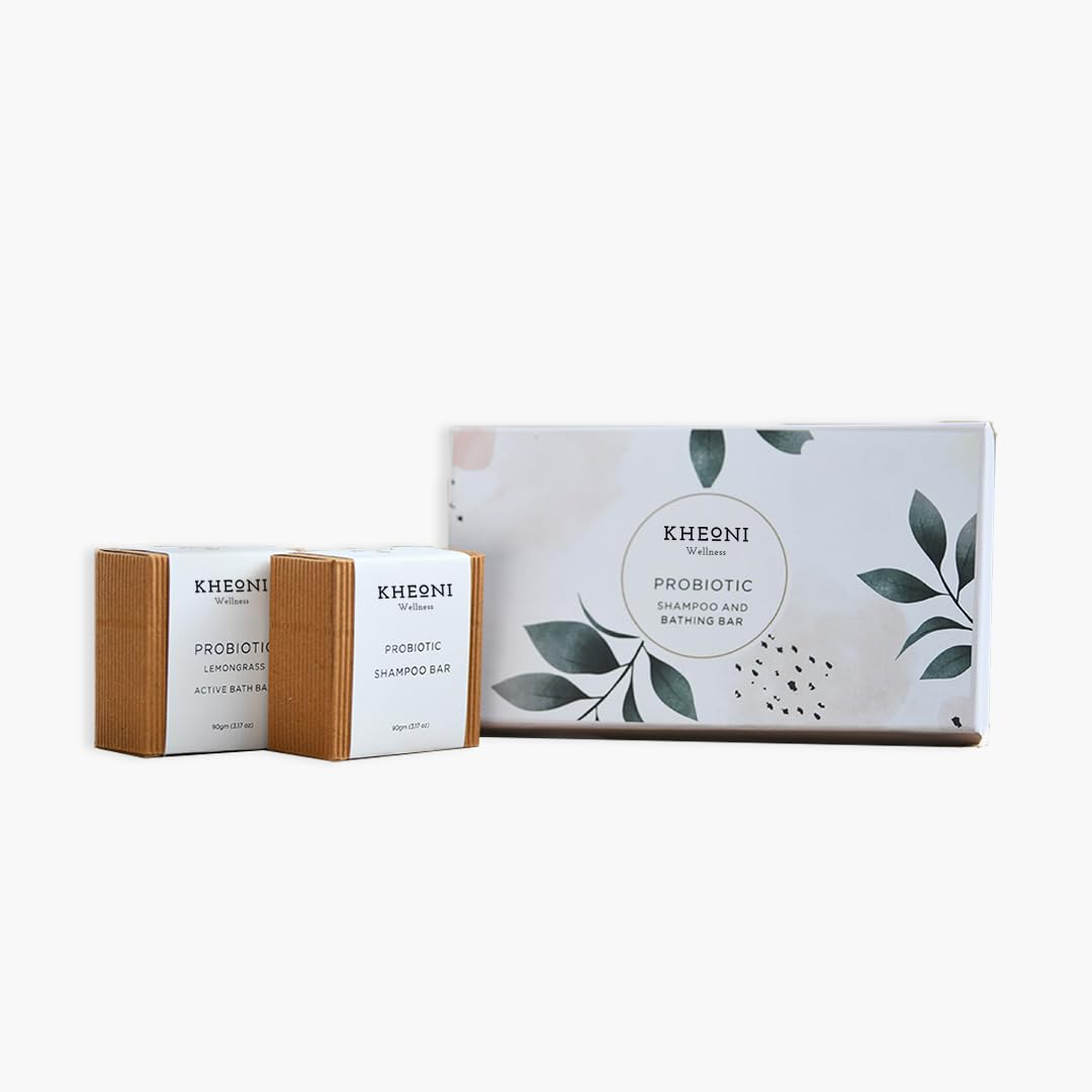 Kheoni Probiotic Lemongrass Active Bathing Bar and Shampoo Bar Soaps Combo Set | Natural Eco-Friendly, Chemical-Free Soap Deep Conditioning, Soft, Silky & Healthy Hair | Oil Control Deep Cleansing