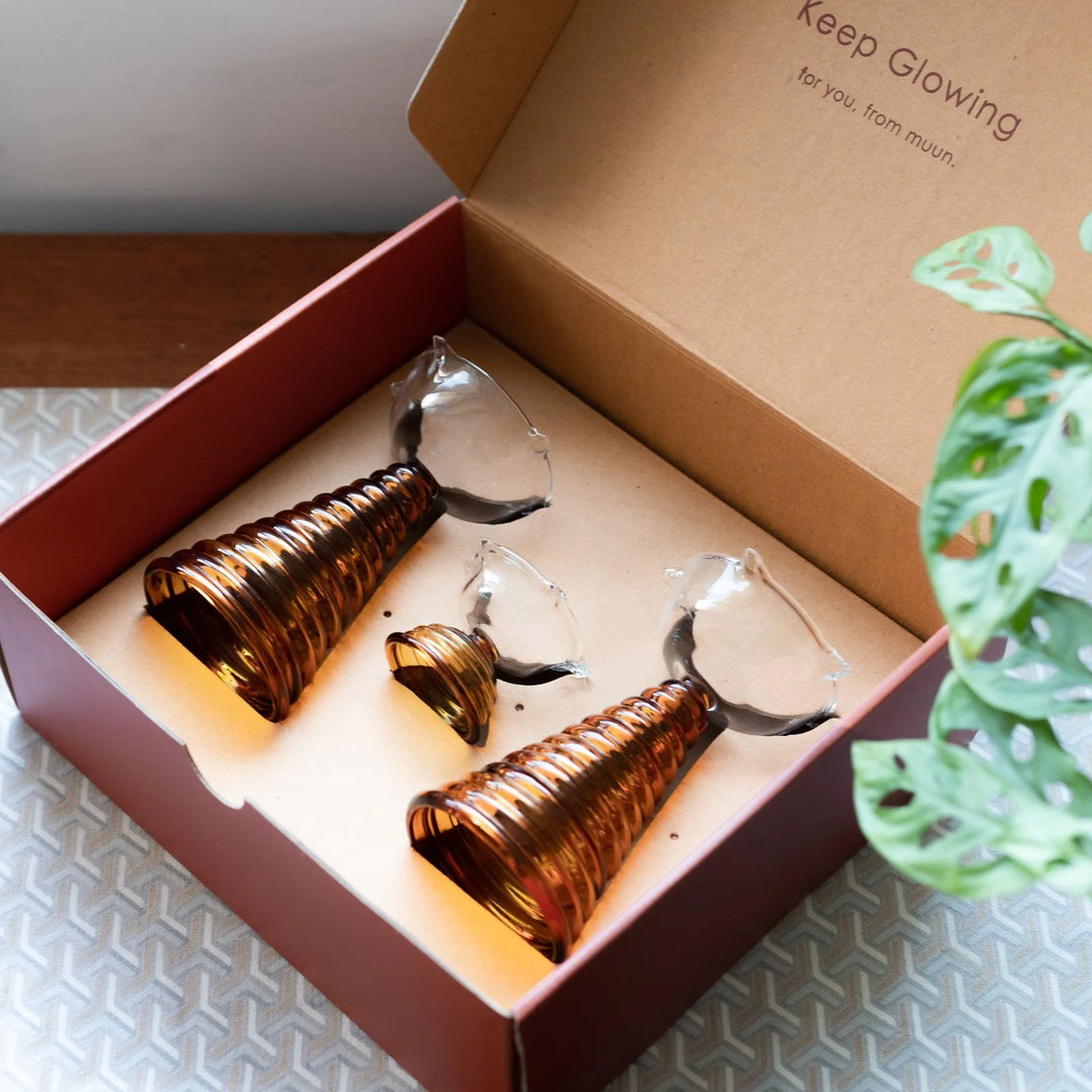 Muun Home Glass Diya Gift Box - Two Tall Diya + Short Diya