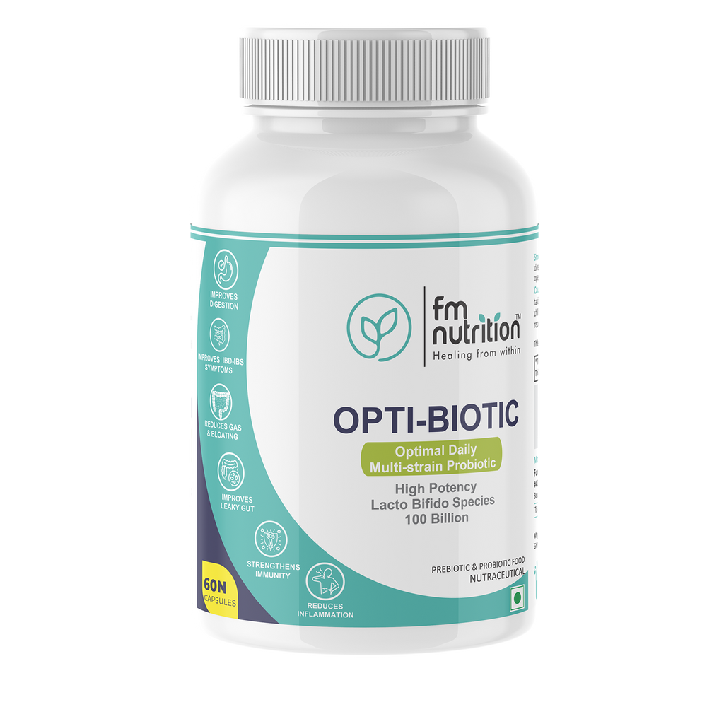 FM Nutrition Opti-Biotic I Multi-Strain Daily Probiotic I  100 Billion CFU of  Multi-Strains I Probiotic-Prebiotic-Postbiotic I  Gluten-free I Vegan I Stomach acid resistant I 60 Delayed-Release Caps