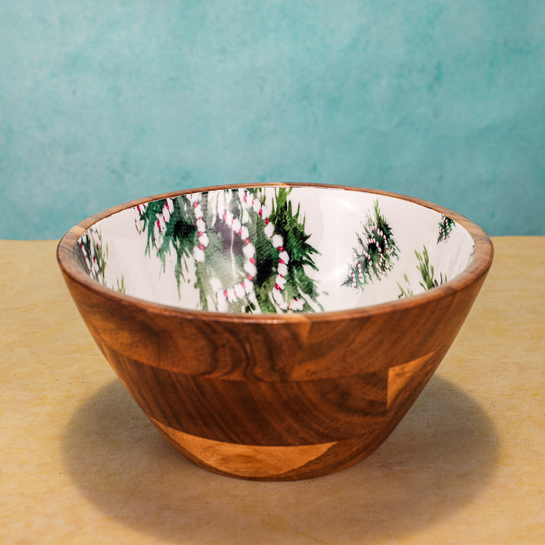 Ireka Homes Handcrafted Evergreen Serving Bowls - Multipurpose Acacia Wood Bowls With Enamel - Durable Bowls for Serving Food, Snacks, and Desserts (8 inches)