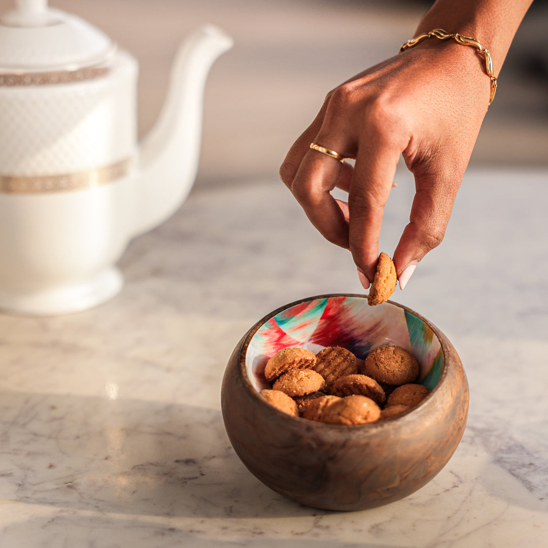Ireka Homes Handcrafted Snack Glow Serving Bowls - Multipurpose Acacia Wood Bowls With Enamel - Durable Bowls for Serving Food, Snacks, and Desserts (4 inches)