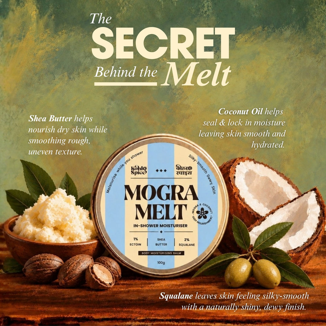 Kohl & Spice Mogra Melt In-Shower Moisturiser | 1% Ectoin, 4% Shea butter, 5% Niacinamide | In Shower Moisturizing balm| | PH Balanced, SLS Free, Paraben Free | For men and women | For Extreme Dry Skin