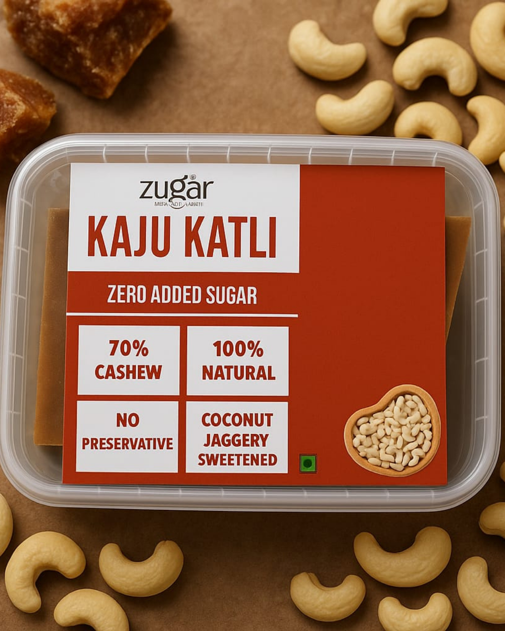 Zugar Vegan Kaju Katli | 70% Cashew, No Refined Sugar | 200g