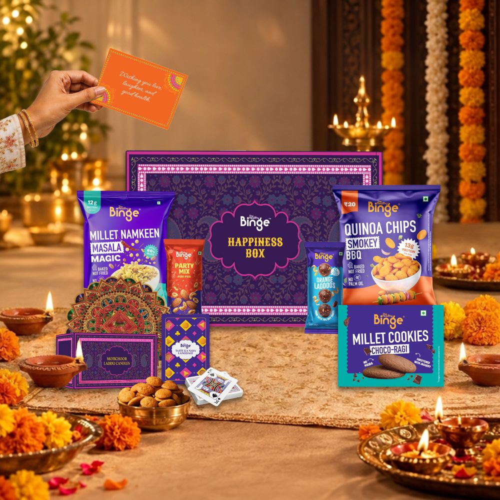The Healthy Binge Diwali Gift Hamper – Signature (Pack of 9), Healthy Festive Gift Box with Quinoa Chips, Millet Namkeen, Millet Cookies, Orange Laddoos, Party Mix, Playing Cards, Rangoli Sticker & Greeting Card