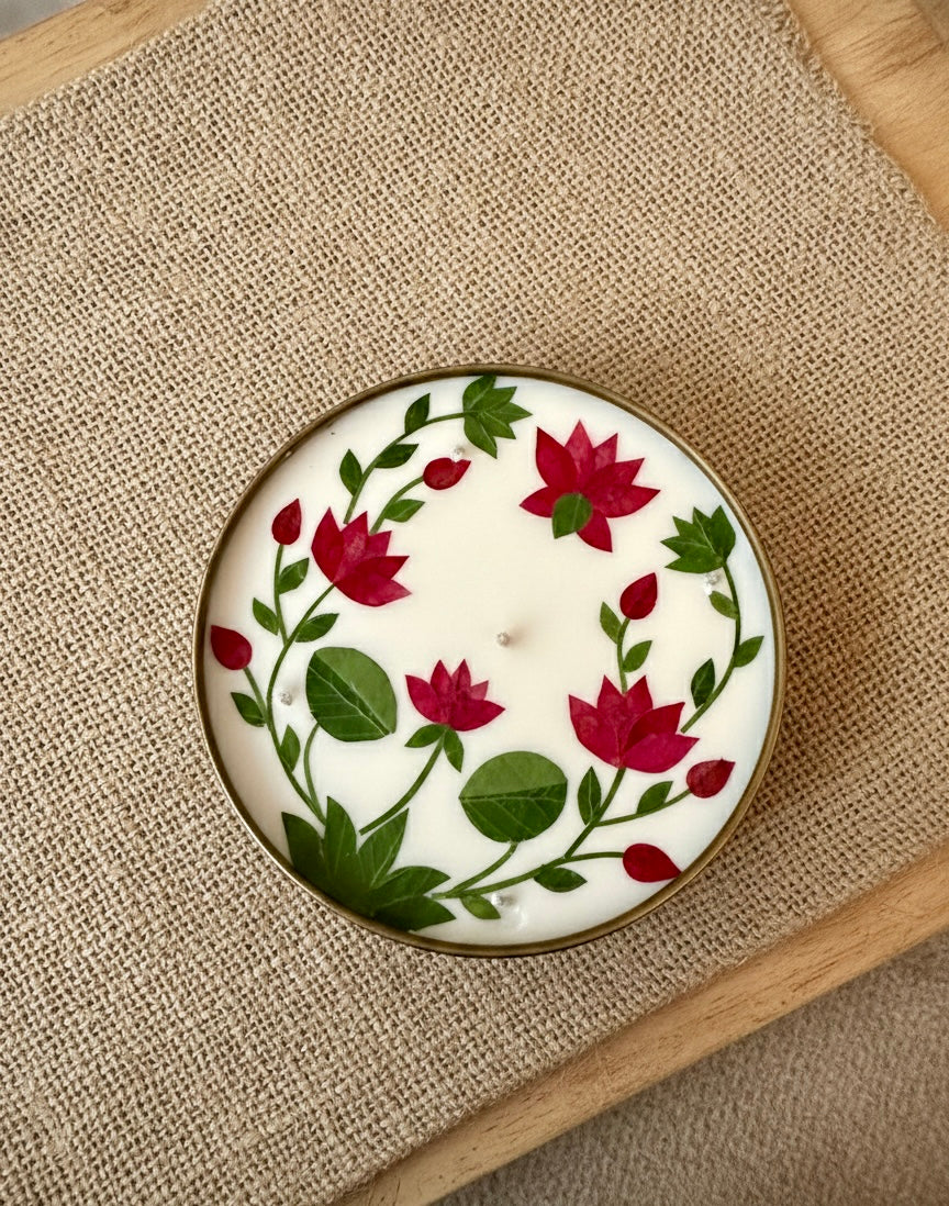 Pressed Flower Lotus Brass Urli Diya – Decorative Festive Lamp