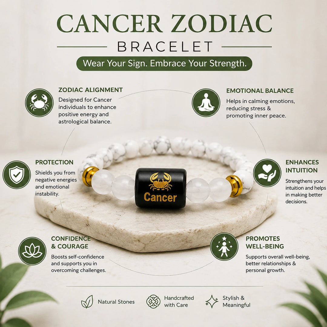Bamboology Trends Cancer Zodiac Howlite & Milky Quartz Gemstone Bracelet | Certified Natural Crystal Bracelet for Emotional Balance, Calmness, Intuition & Protection