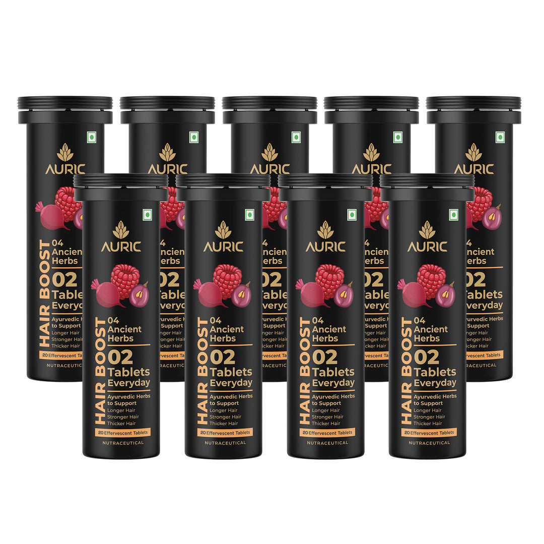 Auric Hair Boost Effervescent Tablets 20 Count | Ayurvedic Formula for Hair Fall Control | Biotin, Zinc, Beetroot & Grapeseed Extracts & Herbal Extracts | Hair Growth & Strength Support