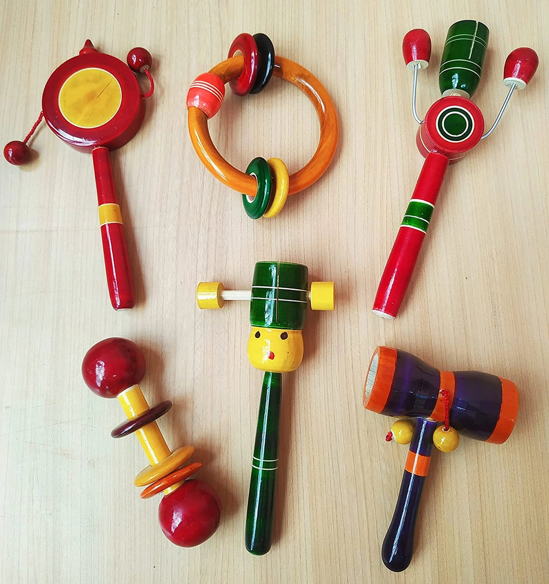 Channapatna Toys Wooden Rattles for Baby, Infants, New Born Babies Toys, Kids (0+ Years) - Set of 6 pcs - Multicolor - Discover Sounds, Develops Sensory Skills